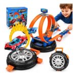 Kids Race Track: 6 Cars, Dual Launcher, Rotating Hoop