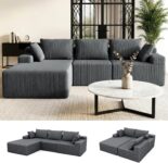 LAGRATY Modular L-shaped Fabric Corner Sofa Boneless Couch with Lounger Function, Corner Sofa with Chaise Lounge, 3 Backrests & 2 Pads, No Assembly Required Grey