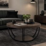 LANTINE Wooden Coffee Table, 2-Tier Round Central Cocktail Table with Shelves