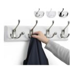 LARHN White Wall-Mounted Coat Rack with 4 Matt-Nickel Hooks, 42cm