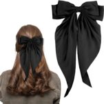 LECTNORE Black Hair Bow – Large Bowknot Hair Clip for Women, Satin Silky Ribbons with Long Tail, French Barrette Hair Accessory for Girls Ponytail Holder