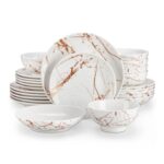 LOVECASA 24-Piece Dinner Set for 6, White/Gold, Microwave Safe