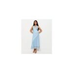 Light Blue Satin Lace Trim Halteneck Midi Dress