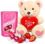 Lindt Chocolates & Teddy for Womens Gifts – Lindt Lindor Strawberry Cream Truffles 200g & 30cm Soft Cream Teddy Bear for Valentines Day Gifts for Women or Birthdays, Christmas Stocking Fillers