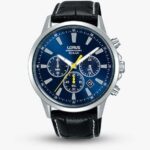 Lorus Mens Blue Yellow Accents Chronograph Leather Strap Watch RT317LX9 – With Code