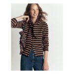 Lydia Tie Neck Knit Cardigan – Camel Melange, Navy Stripe
