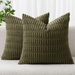 MIULEE Pack of 2 Corduroy Square Cushion Cover Olive Green 50×50 cm 20×20 inch for Living Room Sofa Bedroom Rustic Modern Farmhouse Boho Home Decor
