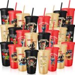 MSYU 24 Pirate Cups, Reusable Plastic Cups with Lids and Straws, 710ml