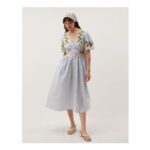 Marisol Lemon Embroidered Stripe Midi Dress Blue