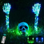 Maxee Halloween Lighted Skeleton Set, Skull Arm Stakes with 1 Remote Green Lights (76 Leds, 8 Light Modes & Timing Function), 2 Blue Lights (3 Modes), Decoration for Outdoor Yard Garden Graveyard