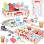Melofaver Wooden Ice Cream Set, Ice Cream Toy Play Food for Kids Kitchen