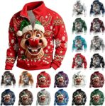 Mens Christmas Sweatshirt Quarter Zip Stand Collar Fleece Lined Xmas Jumper