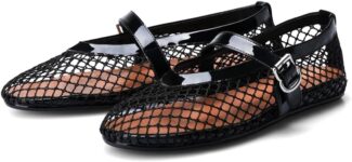 Mesh Ballet Flats for Women Fishnet Ballerina Flats Buckle Strap Mesh Ballet Shoes Wide Width Casual Summer Dress Flat Shoes