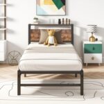 Metal Bed Frame with Wood Headboard Storage,90x200cm,Black