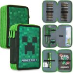 Minecraft Pencil Case Kids Teens Filled with Gamer Stationery Set School Supplies Creeper Pen Case Multiple Compartments Drawing Writing Colouring Set (Green Creeper)