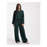 Miss Selfridge Soft Rib Wide Leg Trouser in Forest Green