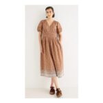 Mocha Brown & Cream Broderie V-Neck Midi Dress