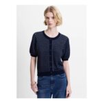 Mozart Knit Puff Sleeve Faux Button Navy Top