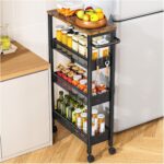 Narrow 4-Tier Kitchen Trolley with Wheels,Rolling Storage Cart with Wooden Top and Metal Frame,Utility Serving Cart with Handle for Small SpacesKitchen,Bathroom,Living RoomBlack