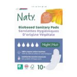 Naty Sanitary Towels Night for Women with Wings, Heavy Flow,10 Count 100%Organic Cotton top Sheet,Period Pads Certified Skin-Safe, Unscented