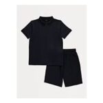 Navy Textured Polo and Shorts Set