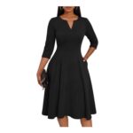 Nmoder Midi A-Line Dress, 3/4 Sleeve, V-Neck, Pockets, Black XL