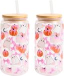 OHS Ghost Bow Halloween Cups Plastic Cups with Lids and Straws 2 Pack,Multi