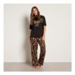 OHS Leopard Bow Print T-Shirt Pyjama Set – Natural/Black