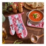 OHS Multi Bow Stripe Oven Mitt & Pot Stand Set – Pink/White
