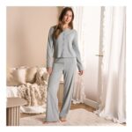 OHS Ribbed Lettuce Edge Loungewear Set – Grey