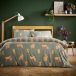 Olivia Rocco Easy Care Printed Duvet Cover Set 100% Microfibre Polyester Breathable Stylish Comforter Reversible Quilted Bedding Bed Sets With Pillowcases, Highland Cow Sage – Double
