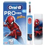 Oral-B Pro Kids Electric Toothbrush, 1 Toothbrush Head, x4 Spiderman Stickers, 1 Travel Case, 2 Modes with Kid-Friendly Sensitive Mode