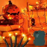 Orange Halloween Lights Outdoor, 3M 30 LED Battery Operated Halloween Fairy Lights with 6-Hour Timer, Green Wire IP65 Waterproof Halloween Decoration Lighting for Indoor Outdoor