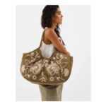 Oversized Floral Embroidered Shoulder Bag – Khaki