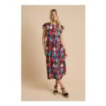 Patchwork Floral Keyhole Flutter Sleeve Midi Dress