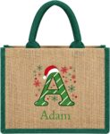 Personalised Christmas Gift Bag with Name Custom Christmas Tote Bag in Red Green with Festive Design Personalised Present Bag Cotton Linen Christmas Party Gift Bag (Initials-Green)
