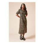 Petite Leopard Puff Sleeve Shirred Bodice Jersey Midi Dress