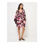 Pink Floral Long Sleeve V-Neck Shirred Mini Dress