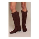 PrettyLittleThing Faux Suede round Toe Western Boots – Chocolate