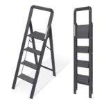 Prime Deal-KINGRACK Folding 4-Step Ladder with Handrail, Non-Slip, Black