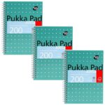 Pukka Pad Notebook Metallic Jotta A5 Ruled Spiral Bound Cardboard Hardback Green Perforated 200 Pages Pack of 3
