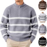 Quarter Zip Jumper Men Long Sleeve Warm Striped Winterpullover M-4Xl