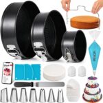 RFAQK Cake Tins for Baking 100 Pcs Springform Cake Tins Kit Includes 3 Round Non-Stick Cake Pan (4,7,9 inches Baking Tins)-Piping Bags and Nozzles-LevelerLeak Proof Cheesecake Tin-Bakeware & EBook