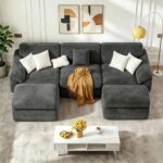 Rattantree Ice Velvet 5 Seat U Shaped Sectional Sofa – Beige or Dark Grey