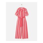 Red & Green Striped Short Sleeve Tie Waist Jumpsuit
