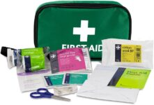 Reliance Medical – (REL416) Handy Travel First Aid Kit, Travel Pouch with, Bandages, Cotton Wool Balls, Gloves, Plasters, Safety Pins, Scissors, Slick Bag and Cleansing Wipes (Green)