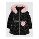 River Island Girls Padded High Shine Coat – Black with Pink Fur Detail