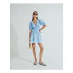 River Island Womens Mini Shift Dress Blue Puff Sleeve Embroidered