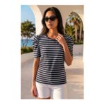 Roman Petite Stripe Ruched Top – Navy