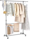 SONGMICS Double Clothes Rail, 115-180 cm Height Adjustable, on Wheels